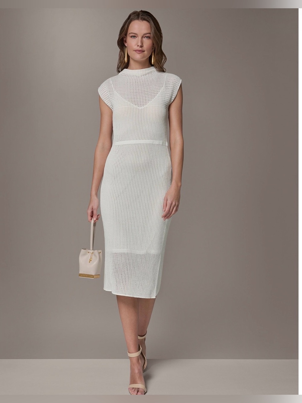 ๐ฅ $189 Donna Karan New York Women's Mock Neck Layered Midi Sweater Dress Sz M